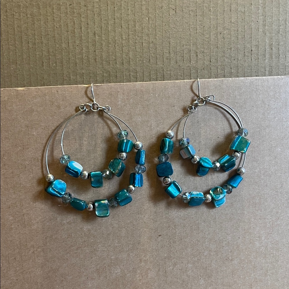 Blue Beaded Hoop Earrings shell pierced hook